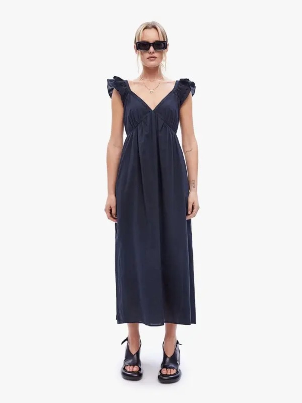 XiRENA Navy V-Neck Maxi Dress with Ruffle Cap Sleeves